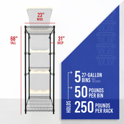 An empty black bin rack with transparent bins shown in place. Dimensions listed as 23 inches wide, 68 inches tall, and 31 inches deep. Text reads "Holds 5 27-gallon bins (not included), 50 pounds per bin, 250 pounds per rack"