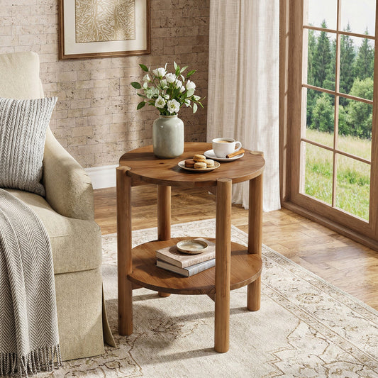 Tribesigns 19.68-Inch Solid Wood Round Side Table with Shelf, Farmhouse End Table for Bedroom