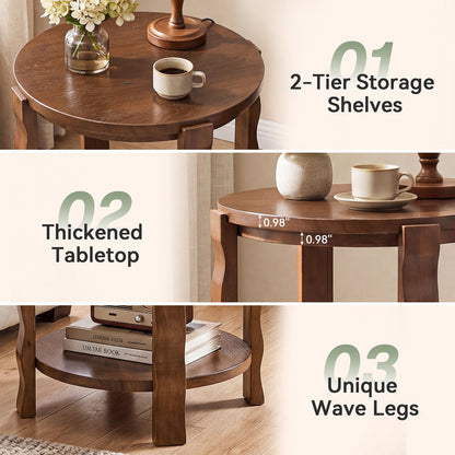 Tribesigns 19.69-Inch Round Side Table with 2-Tier Storage, Solid Wood End Table for Living Room