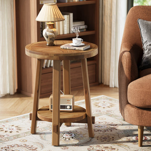 Tribesigns 19.7-Inch Solid Wood Side Table with 2-Tier Shelf, Round Farmhouse Table for Living Room