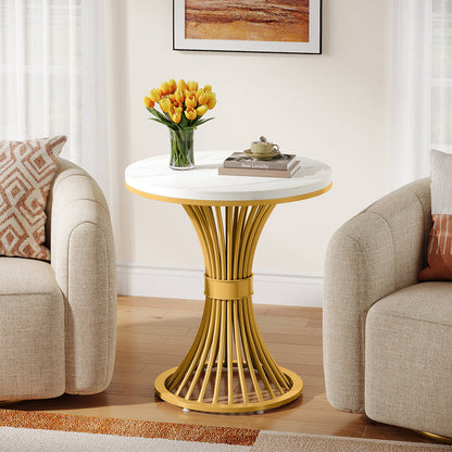 Tribesigns 20" Round End Table with Faux Marble Top, White Side Table with Gold Metal Base