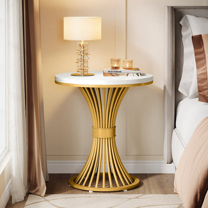 Tribesigns 20" Round End Table with Faux Marble Top, White Side Table with Gold Metal Base