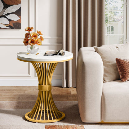 Tribesigns 20" Round End Table with Faux Marble Top, White Side Table with Gold Metal Base