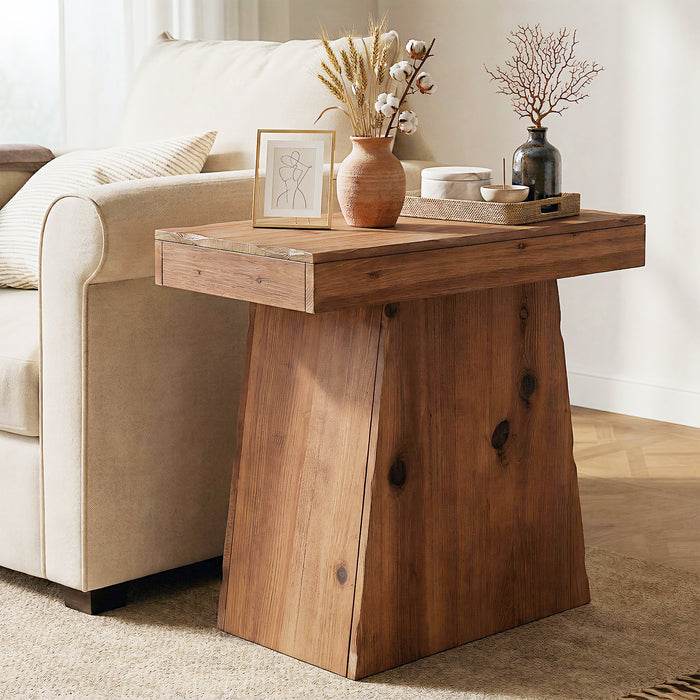 Tribesigns 23.6 Inch Solid Wood Side Table with Trapezoid Base, Rustic End Table for Small Spaces