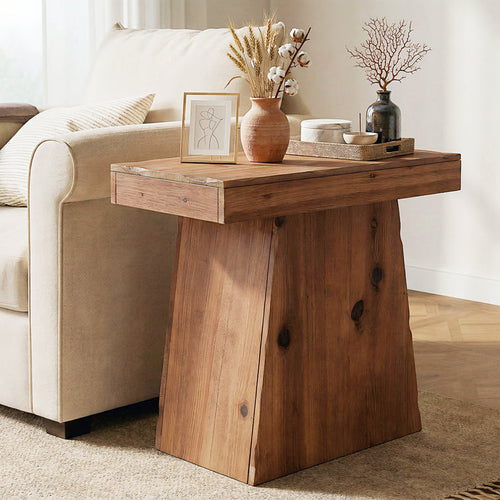 Tribesigns 23.6 Inch Solid Wood Side Table with Trapezoid Base, Rustic End Table for Small Spaces
