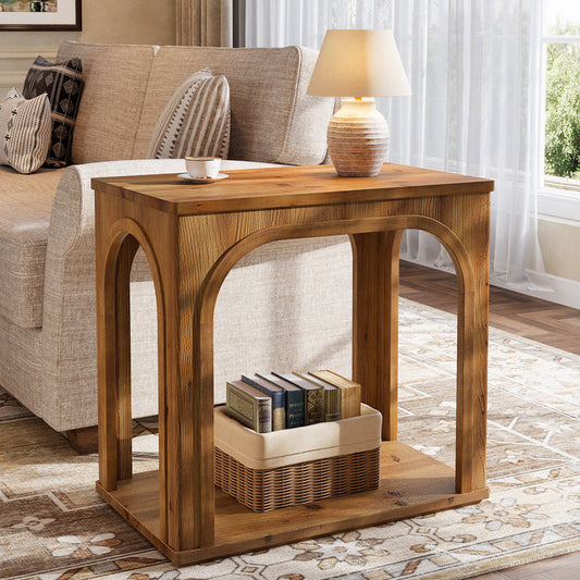 Tribesigns 25.2-Inch Solid Wood End Table with Arched Design and Bottom Shelf, 2-Tier Farmhouse Side Table for Living Room