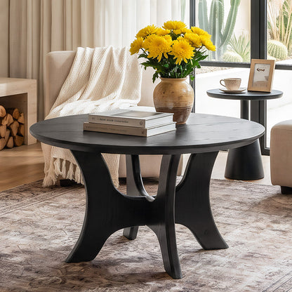 Tribesigns 31.1 Inch Round Coffee Table with Cross Base, Modern Black Table for Living Room