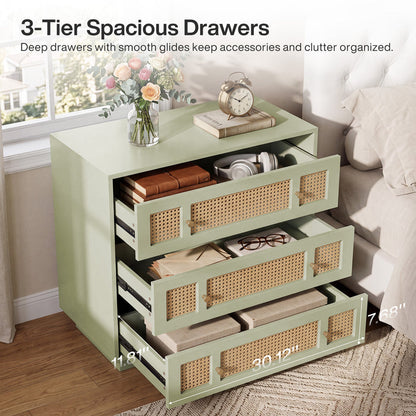 Tribesigns 31.5 Inch Rattan Nightstand with 3 Drawers, Oversized Bedside Table for Bedroom