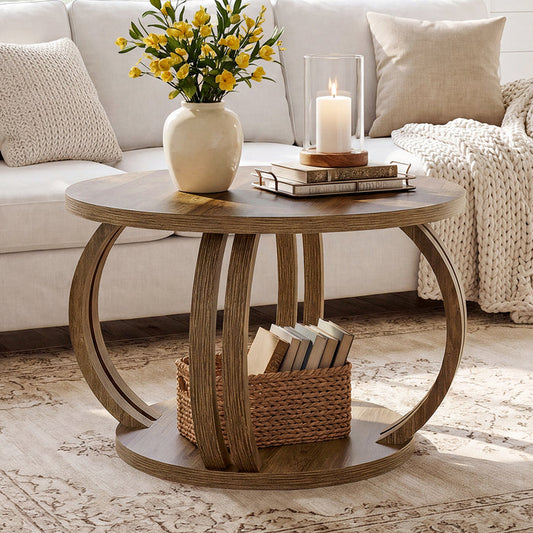 Tribesigns 31.5 Inch Round Coffee Table with Storage, Sculptural Curved Base for Living Room