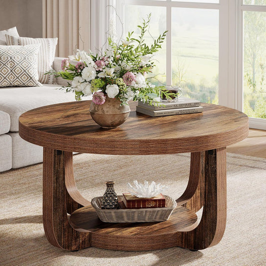 Tribesigns 31.5-Inch Round Coffee Table with Storage Shelf, 2-Tier Farmhouse Table for Living Room#Colour_Dark Brown