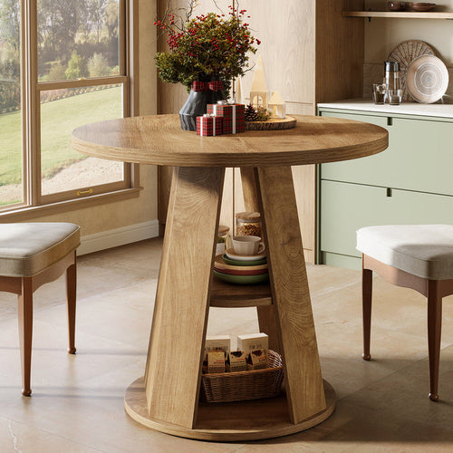 Tribesigns 31.5-Inch Round Dining Table for 2-4, Space-Saving Farmhouse Kitchen Table with 2-Tier Storage Shelf for Small Spaces