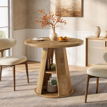 Tribesigns 31.5-Inch Round Dining Table for 2-4, Space-Saving Farmhouse Kitchen Table with 2-Tier Storage Shelf for Small Spaces