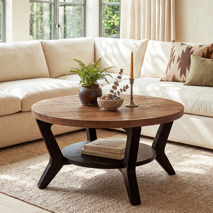 Tribesigns 31.5-Inch Solid Fir Wood Coffee Table with 2-Tier Storage, Round Table for Living Room