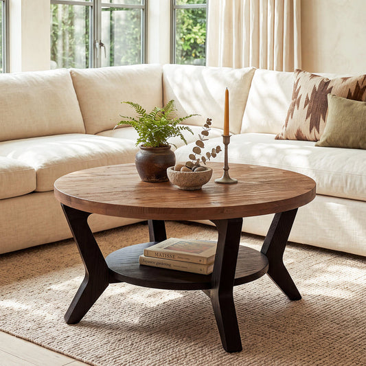 Tribesigns 31.5-Inch Solid Fir Wood Coffee Table with 2-Tier Storage, Round Table for Living Room