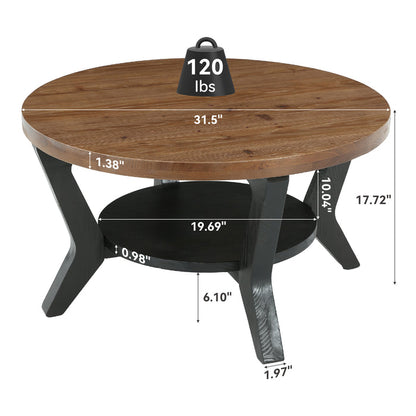 Tribesigns 31.5-Inch Solid Fir Wood Coffee Table with 2-Tier Storage, Round Table for Living Room