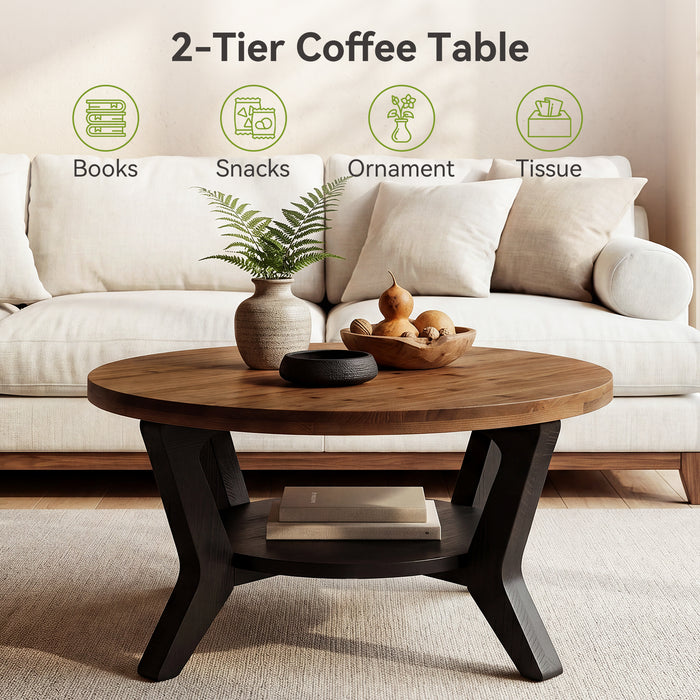 Tribesigns 31.5-Inch Solid Fir Wood Coffee Table with 2-Tier Storage, Round Table for Living Room