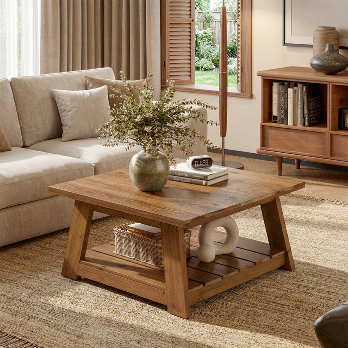 Tribesigns 31.5 Inch Solid Wood Square Coffee Table, Farmhouse Centre Table with Storage Shelf