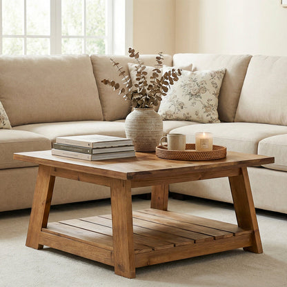 Tribesigns 31.5 Inch Solid Wood Square Coffee Table, Farmhouse Centre Table with Storage Shelf