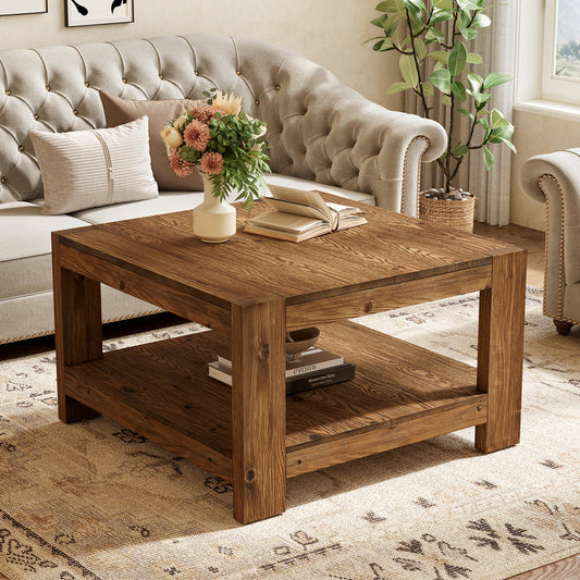 Tribesigns 31.5-Inch Square Farmhouse Coffee Table with Storage Shelf, Solid Wood Center Table for Living Room