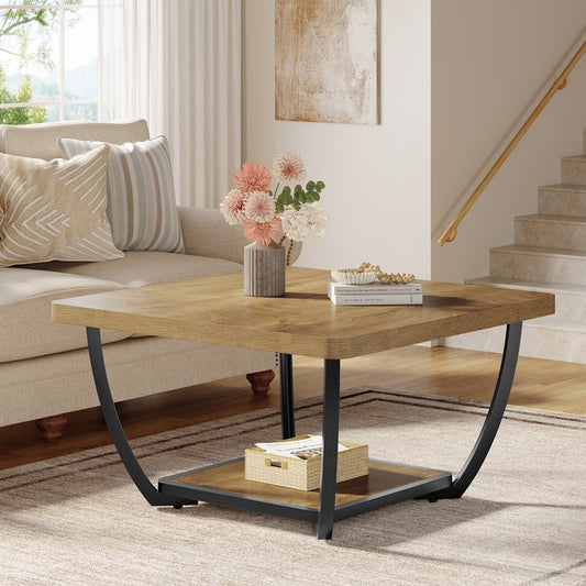 Tribesigns 31.5" Square Coffee Table with Storage Shelves, 2-Tier Accent Table with Arc Metal Frame