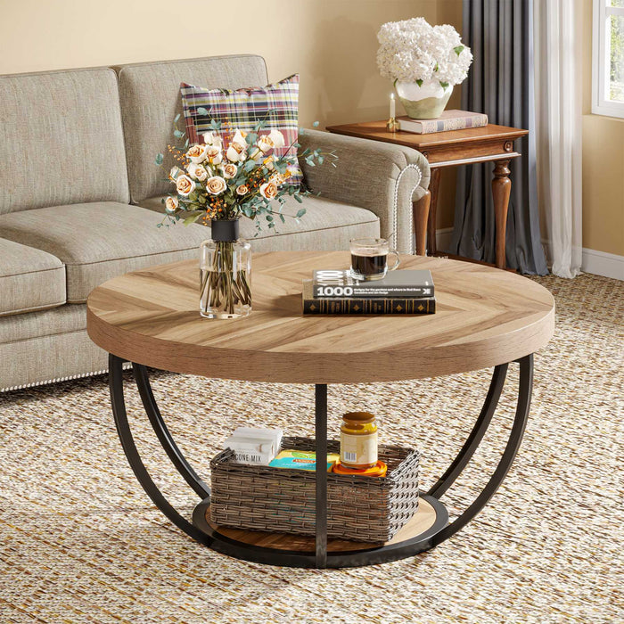 Round Wooden Coffee Table with 2-Tier Shelves#Colour_Wooden Grain