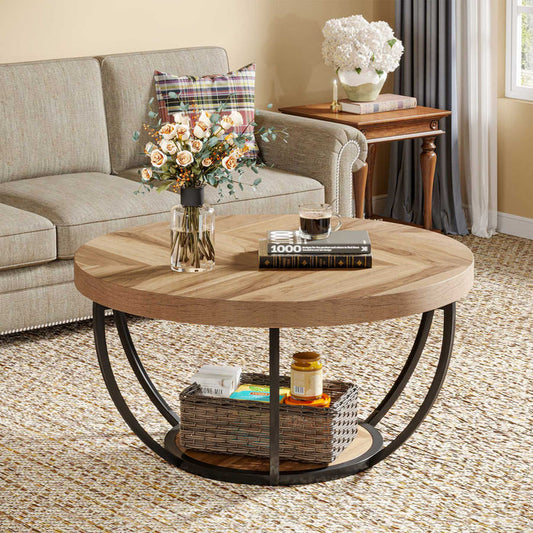 Round Wooden Coffee Table with 2-Tier Shelves#Colour_Wooden Grain