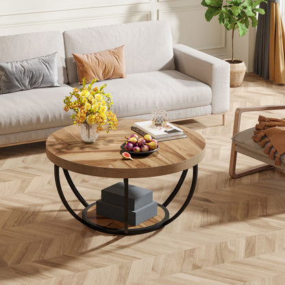 Round Wooden Coffee Table with 2-Tier Shelves#Colour_Wooden Grain
