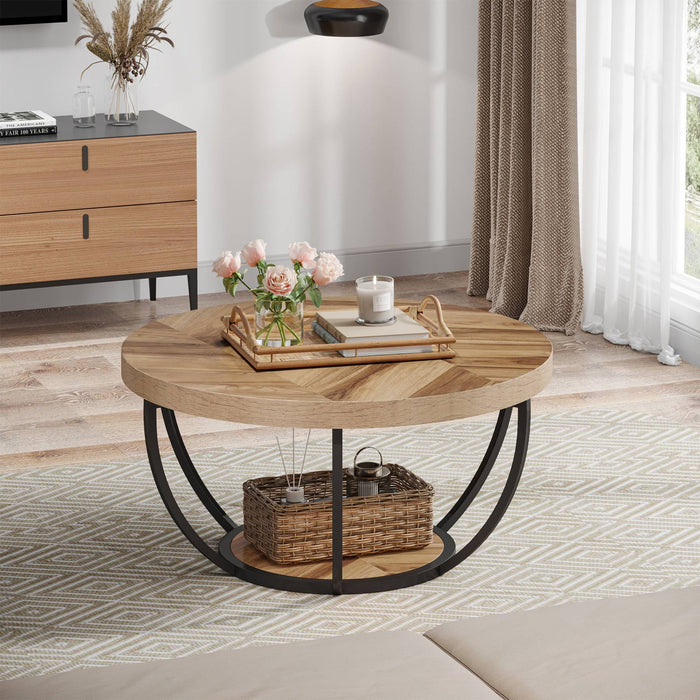 Round Wooden Coffee Table with 2-Tier Shelves#Colour_Wooden Grain