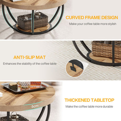 Round Wooden Coffee Table with 2-Tier Shelves#Colour_Wooden Grain
