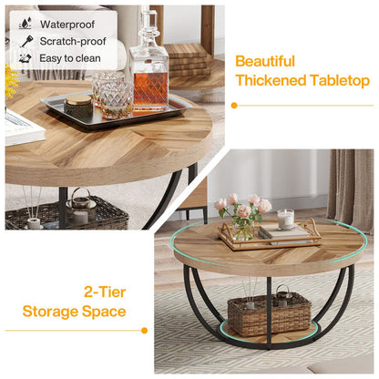 Round Wooden Coffee Table with 2-Tier Shelves#Colour_Wooden Grain