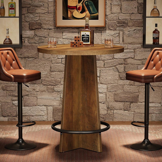 37.4" Bar Table, Wooden Bistro Pub Table with Metal Ring Footrest