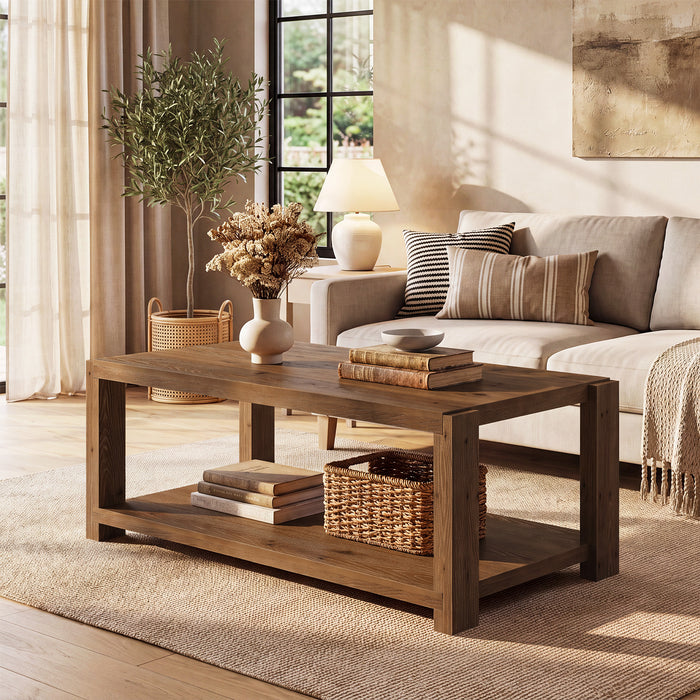 Tribesigns 47-Inch Solid Wood Coffee Table, 2-Tier Farmhouse Cocktail Table with Storage Shelf