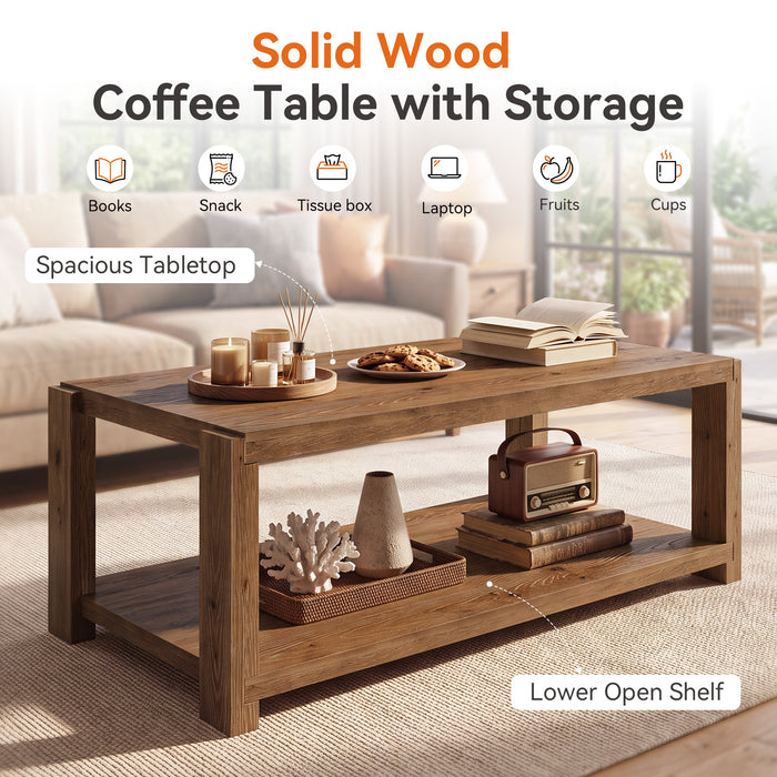 Tribesigns 47-Inch Solid Wood Coffee Table, 2-Tier Farmhouse Cocktail Table with Storage Shelf