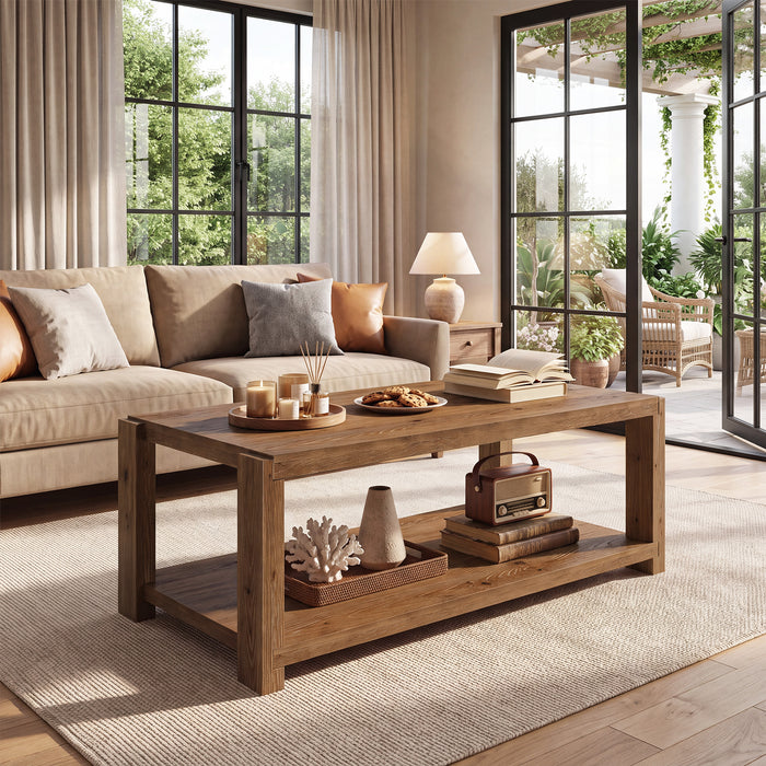 Tribesigns 47-Inch Solid Wood Coffee Table, 2-Tier Farmhouse Cocktail Table with Storage Shelf