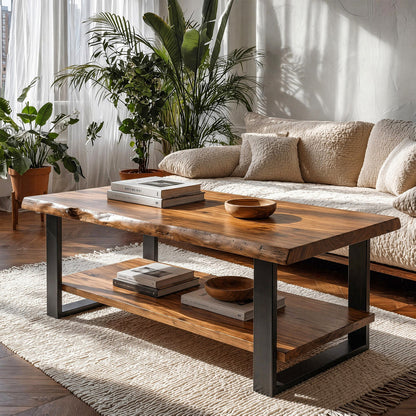 Tribesigns 47-Inch Solid Wood Coffee Table with Live Edge Top, 2-Tier Storage Table for Living Room