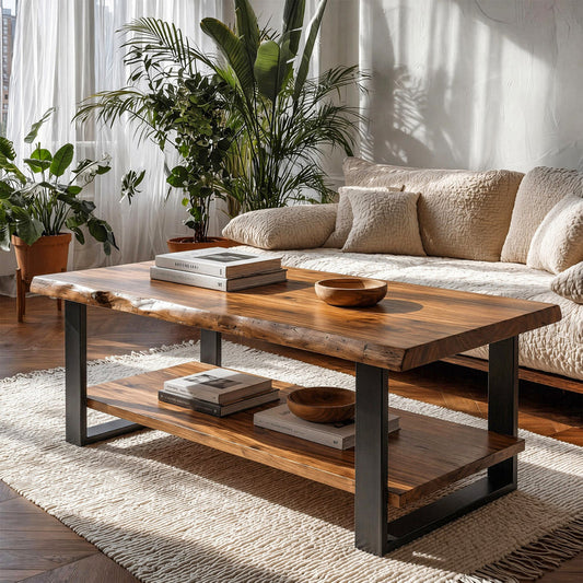 Tribesigns 47-Inch Solid Wood Coffee Table with Live Edge Top, 2-Tier Storage Table for Living Room