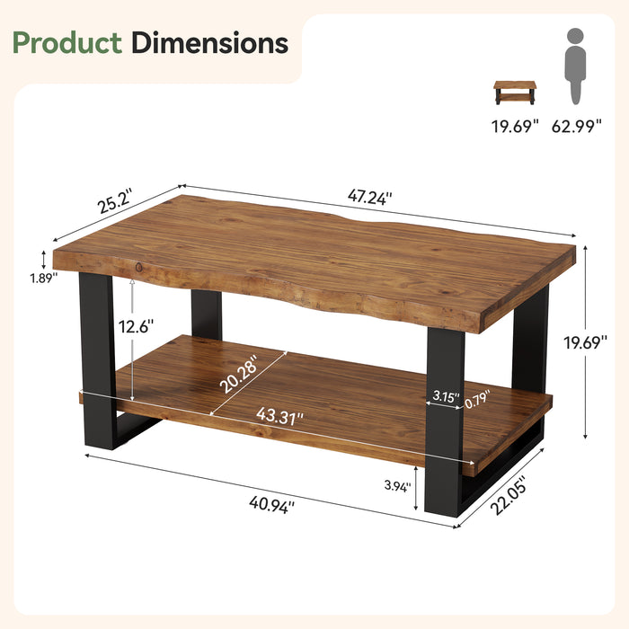 Tribesigns 47-Inch Solid Wood Coffee Table with Live Edge Top, 2-Tier Storage Table for Living Room