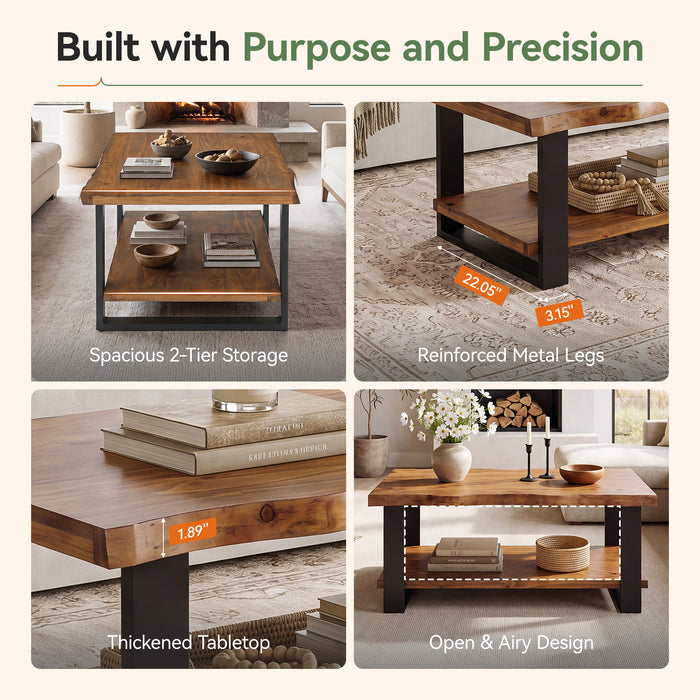Tribesigns 47-Inch Solid Wood Coffee Table with Live Edge Top, 2-Tier Storage Table for Living Room