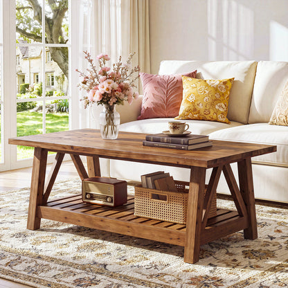 Tribesigns 47.24-Inch Solid Wood Coffee Table, Farmhouse 2-Tier Storage Table for Living Room
