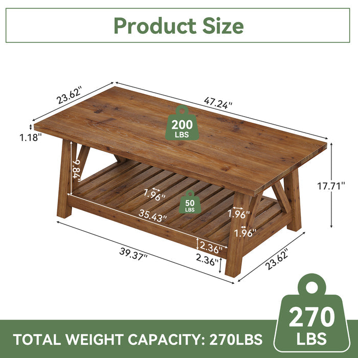 Tribesigns 47.24-Inch Solid Wood Coffee Table, Farmhouse 2-Tier Storage Table for Living Room