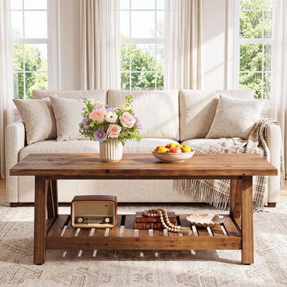 Tribesigns 47.24-Inch Solid Wood Coffee Table, Farmhouse 2-Tier Storage Table for Living Room
