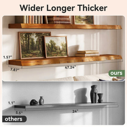 Tribesigns 47.24" Solid Wood Floating Shelves Set of 3 with Live Edge Design, Wall Decor Storage