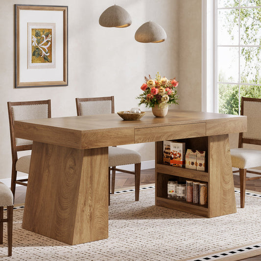 Tribesigns 55 Inch Dining Table for 4-6 People, Farmhouse Wooden Kitchen Table with Storage Drawer and Shelves