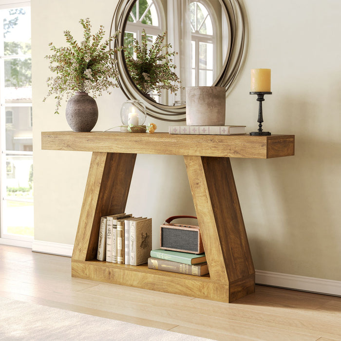 55-Inch Farmhouse Console Table with Storage, Natural Brown Sofa Table for Hallway and Living Room
