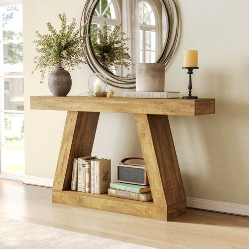 55-Inch Farmhouse Console Table with Storage, Natural Brown Sofa Table for Hallway and Living Room