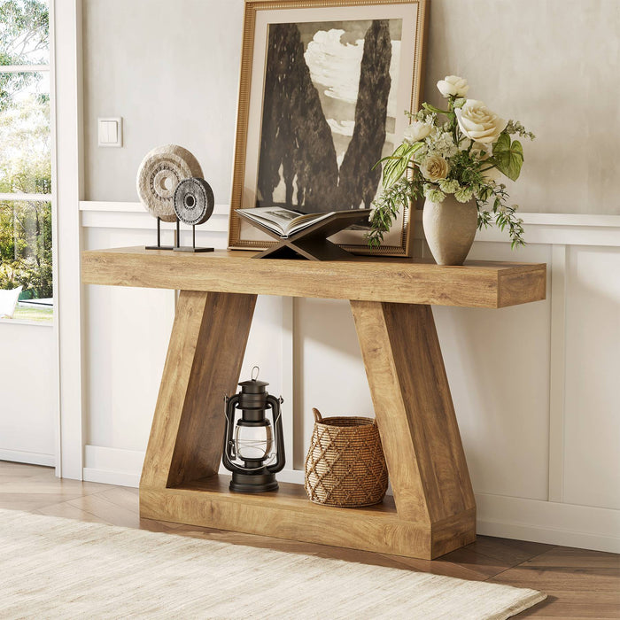 55-Inch Farmhouse Console Table with Storage, Natural Brown Sofa Table for Hallway and Living Room