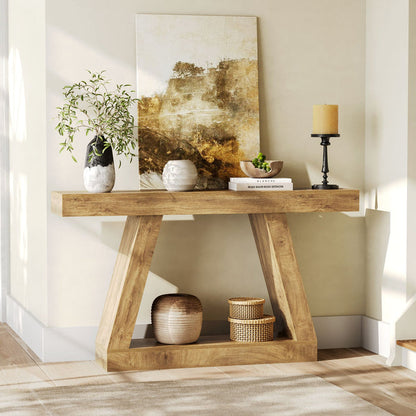 55-Inch Farmhouse Console Table with Storage, Natural Brown Sofa Table for Hallway and Living Room