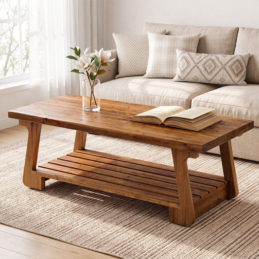 Tribesigns 55-Inch Solid Wood Coffee Table, 2-Tier Storage Shelf Farmhouse Table for Living Room