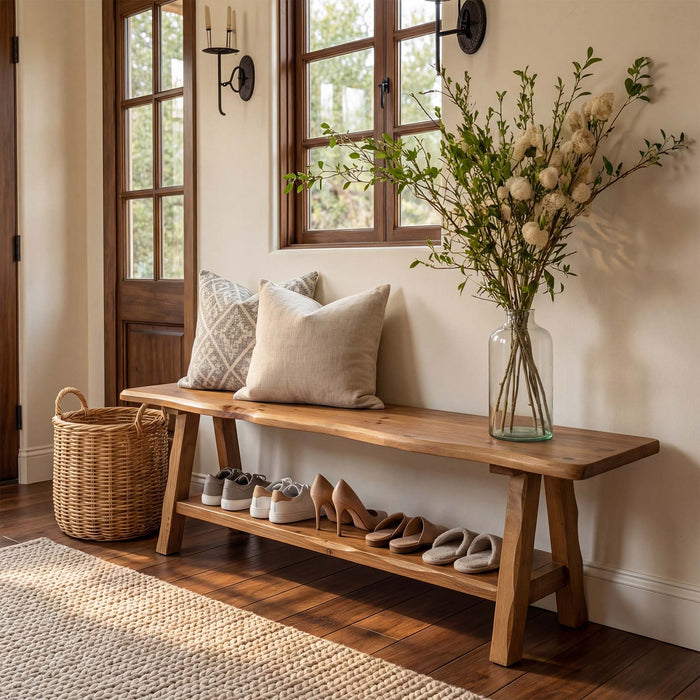 Tribesigns 55-Inch Solid Wood Entryway Bench with Live-Edge, 2-Tier Shoe Storage for Bedroom