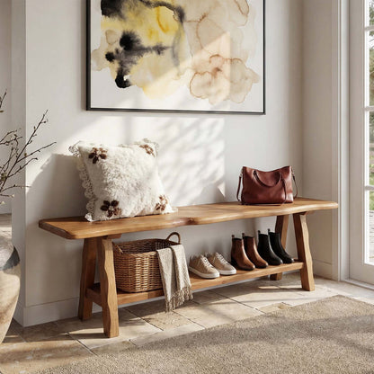Tribesigns 55-Inch Solid Wood Entryway Bench with Live-Edge, 2-Tier Shoe Storage for Bedroom